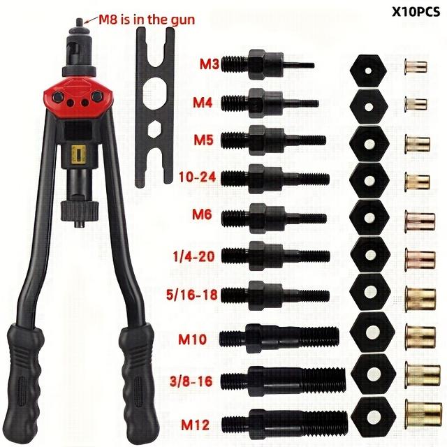 TEMU 16'' Hand Rivet Moer Pistolen 607 Insert Hand Rivet Moer Pistool Nuts Rivnut Tool Mandrels Pistool voor Rivet Moer M3/M4/M5/M6/M8/M10/M12/10-24 1/4 5/16-18 3/8-16