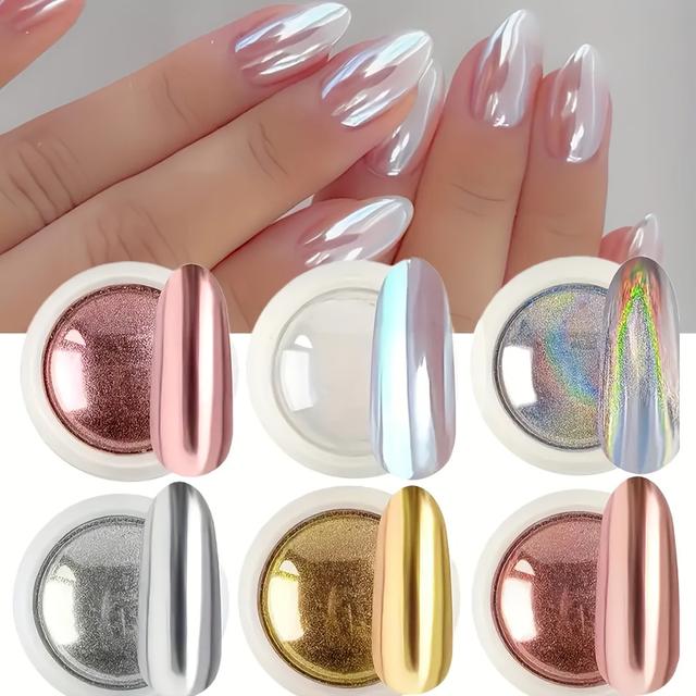 TEMU 6-color Friction Laser Aurora Chrome Nail Mirror Rainbow Powder, 0.3g/bottle, Golden Silvery White , Friction Shimmer High-end Finish, For Nail Enthusiasts