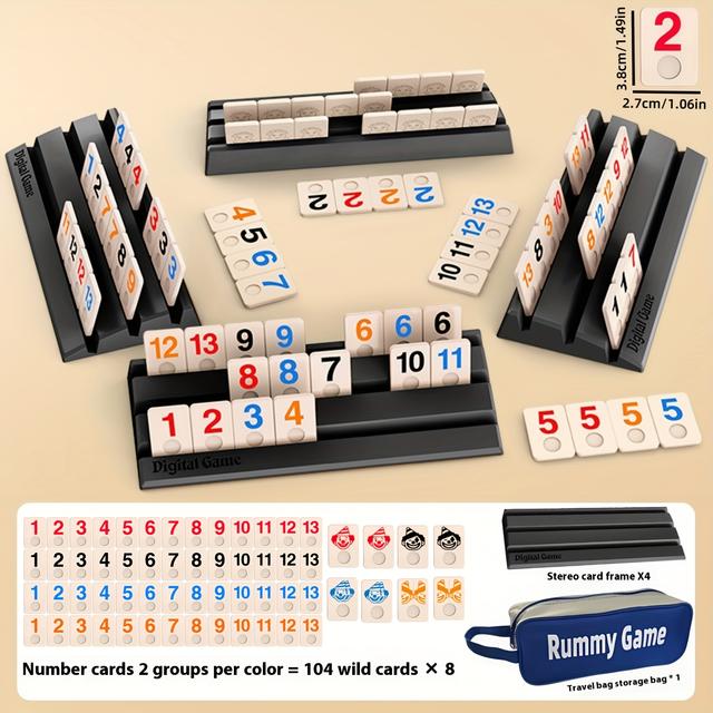 TEMU Large Rummy Number Cards - Fun Party Number Puzzle Game With 112 Cards And 4 Trays, Mahjong Number Cards Tabletop Game For Family Gatherings And Parties, Includes Storage Bag