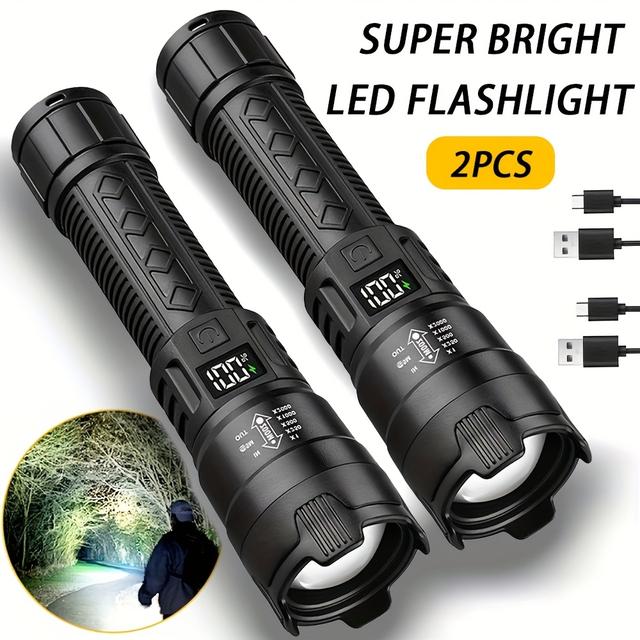 TEMU 2pcs Bright Handheld Led Flashlights - Daily Home Emergency Lighting Work Light, Portable With Zoom And Smart Digital Battery Display, Suitable For Outdoor, Camping, Work, And Power Outage