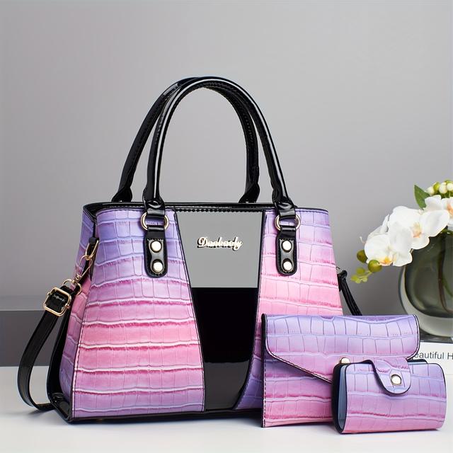 TEMU 3pcs Women's Luxury Handbag Suitable For Weddings, Parties, - Detachable Strap & Zipper Closure, Shiny / Pattern Purses