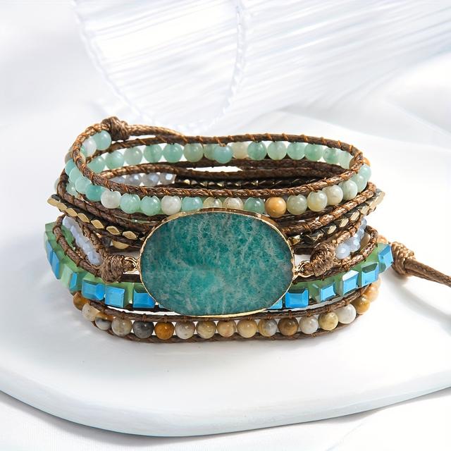 TEMU 【お客様の】ボホシックラップブレスレット ピンクル＆ズ - 天然石、ガラス、韓国ワックスロープデザイン 女性用