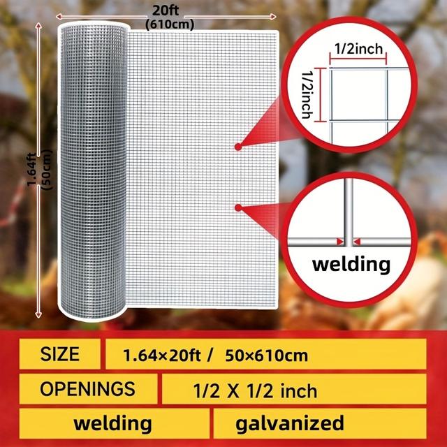 TEMU 1 Rol 1/2 Inch Gaas van Zinkgecoat Metaal - Stevig Roestbestendig Draadgaas voor Kippenhokken, Tuinafscheidingen, Konijnenkooien & Kleine Dierenverblijven - Duurzame Buitenbeveiligingsbarrière