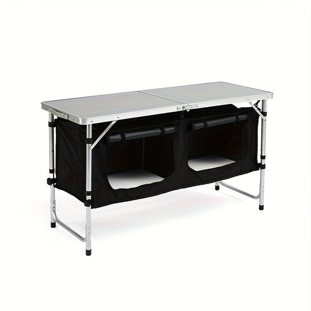 TEMU Portable Aluminum Alloy Camping Table With Storage Cabinet | 3-position Adjustable Height, Ideal For Indoor, Bbq, Parties, Picnics, Hiking, Beach