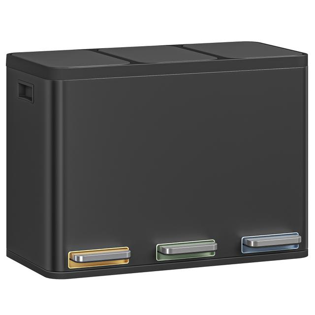 TEMU Kitchen Rubbish Bin, Waste System, 3 Compartments, 45l (3 X 15l), Stainless Steel Kitchen Rubbish Bin, Pedal Bin With Colour-coded Pedals, Rubbish Bin, Quiet Slow , Black