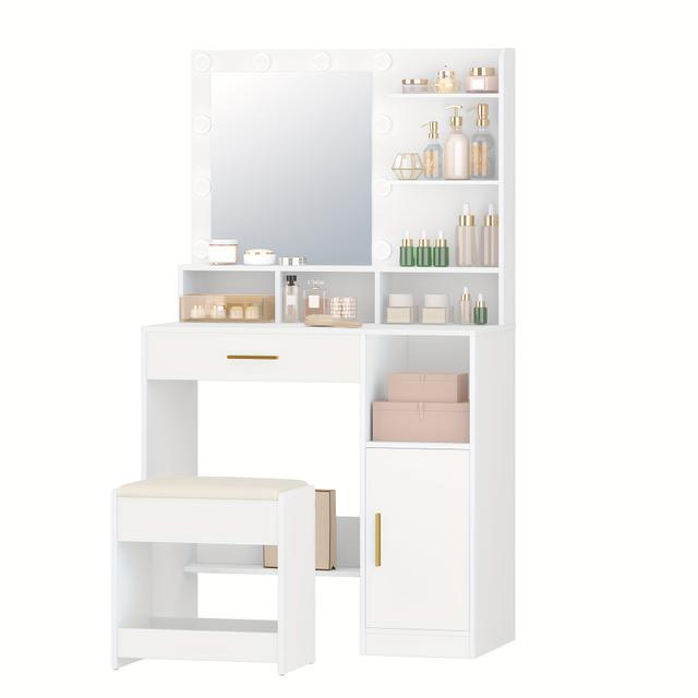 TEMU Vanity Table Featuring A Mirror And Ten Led Lights, Accompanied By A Stool, A Design With 3 Shelves And 4 Open Sections, And A Version That Includes A Spacious Drawer And Cabinet