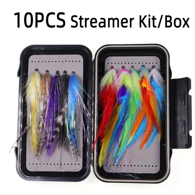 TEMU 10pcs Big Streamer Kit With Box #2/0 Colorful Fish Streamer Fly #4/0 Synthetic Streamer Fiber Fish Streamer Fly For Pike Trout Muskie Saltwater Fishing Lures Bait