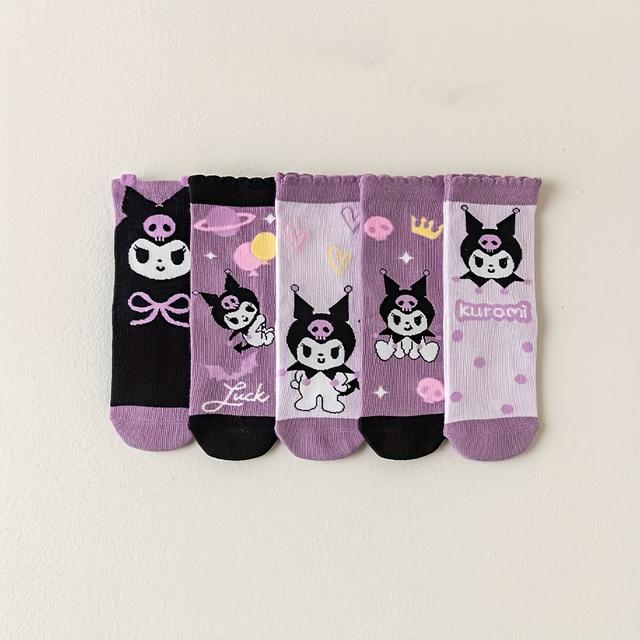 TEMU 5 Pairs Kuromi Kids' Ankle Socks | Cute Cartoon Design, Soft & Stretchy, Fun Purple, & Elastane, Wear