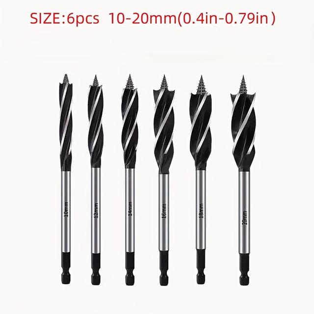 TEMU 6 Stück 10 mm bis 20 mm Holz Spiralbohrer Vierfachbohrer für Holzbearbeitung, Türöffnung, Perforation
