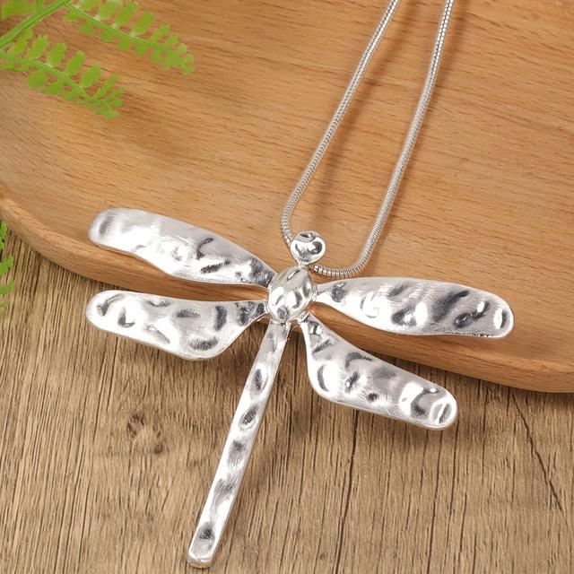 TEMU New Women's Long Necklace Alloy Hollow-out Senior Dragonfly Silvery Fashion Compact Simple Snake Chain Pendant Retro Long Sweater Chain A Mother Plot Gift Bohemian Style Casual Daily