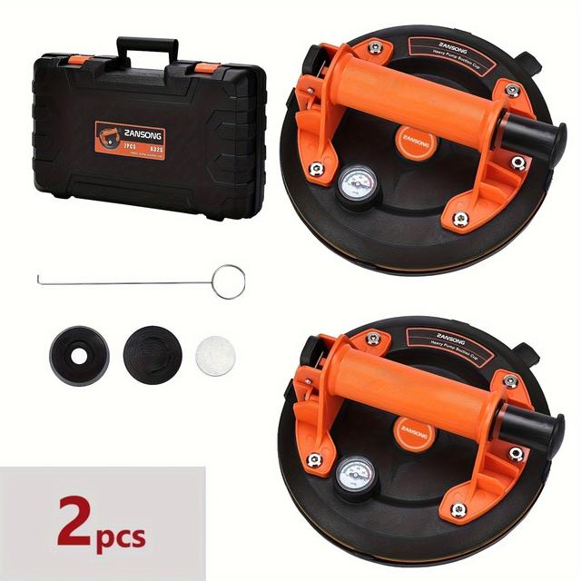 TEMU Zansong Heavy-duty Glass Suction Cups, 8" Vacuum Pump, 485lbs Capacity - Precision Pressure Gauge For Large Glass Handling & Auto Repair, Includes Carrying Case (2pcs)