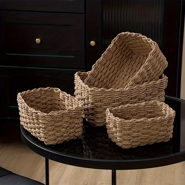 TEMU 4pcs Woven Storage Baskets, Makeup Organizer, Cabinet Drawers, Small Woven Baskets, Home Storage, For Bathroom Bedroom Living Room Dorm Room Desk, Gift Decoration