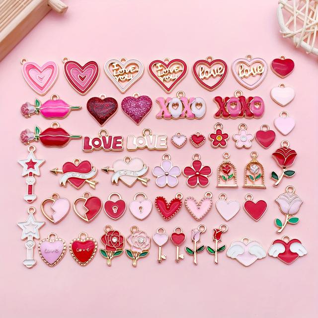 TEMU Set Of 50 Valentine-themed Charms Featuring Heart Designs, Including Pink And Red Pendants With The Words Love And , Perfect For Bracelets, Necklaces, And Earrings For Projects