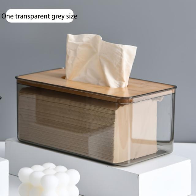 TEMU 1pc Modern Lid Transparent Tissue Box Holder With Wood Cover & Base - Suitable For Bathroom, Toilet Paper Storage, Napkin Dispenser, Minimalist Decor For, Office, Powder Room