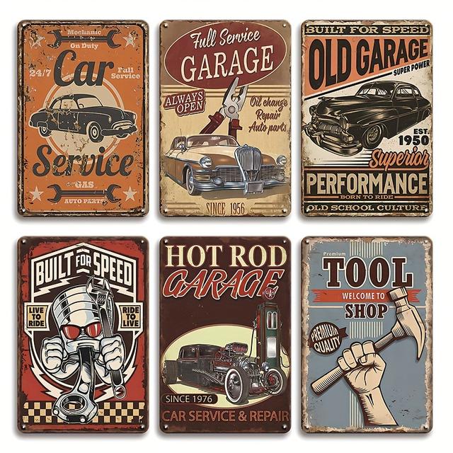 TEMU 6個のヴィンテージカーメタルガレージサイン - 8x12インチ、男性の洞窟やワークショップ、ホットロッド、ツールショップ、古い学校の文化、父やへの最高のギフト、ガレージサイン