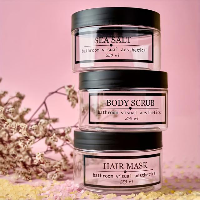 TEMU 250ml Refillable Bathroom Cosmetic Jars 3pcs Set, Suitable For Bath Salts, Body Scrubs, Hair Mask Storage, Includes Waterproof Labels