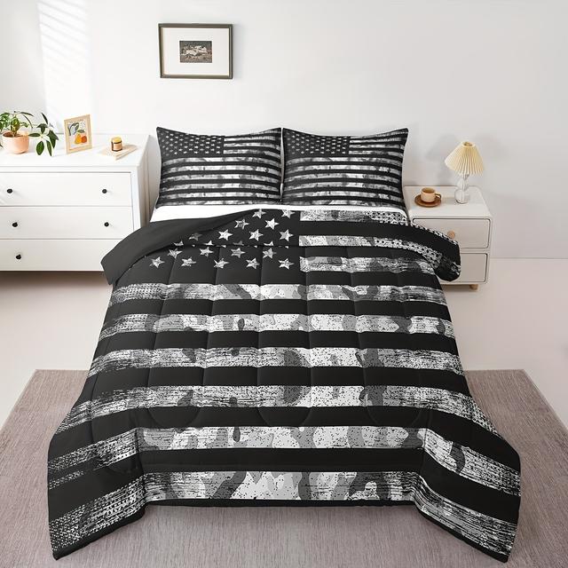 TEMU Camo American Flag Comforter Set, And Grey Bedding Set Adults Camouflage American Flag Quilt Inner Fill For All Season, Grunge Usa Flag Comforter, Warm Soft Durable