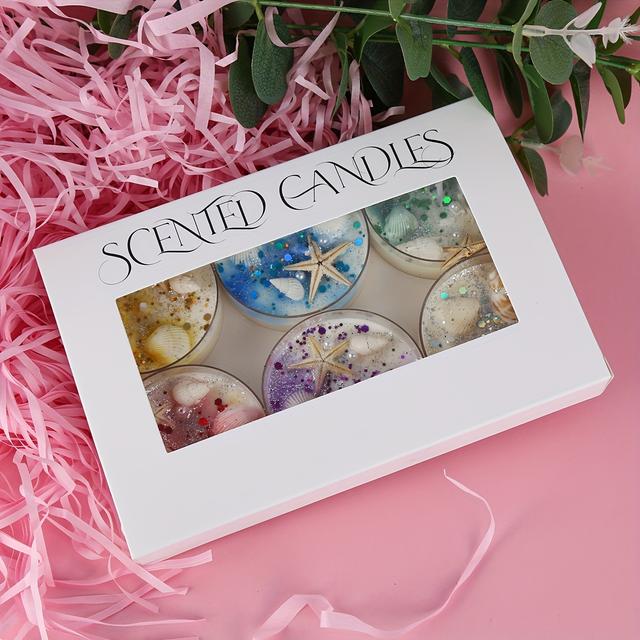 TEMU 6pcs Gift Box Set, New Shell-themed Scented Candles With Pearl And Glitter Decorations, 6 Perfectly Fragrances To Enhance A Romantic Atmosphere, Ideal As A Holiday Gift!