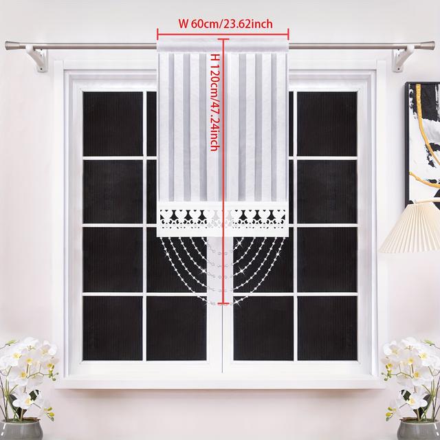 TEMU Biała Przeźroczysta Pionowa Paskowana Zasłona z Kryształowymi Frędzlami, Koronkowy Brzeg z Wyciętym Sercem, Kieszeń na Drążek, Elegancka Krótka Zasłona do Łazienki, Kuchni i Wąskich Okien