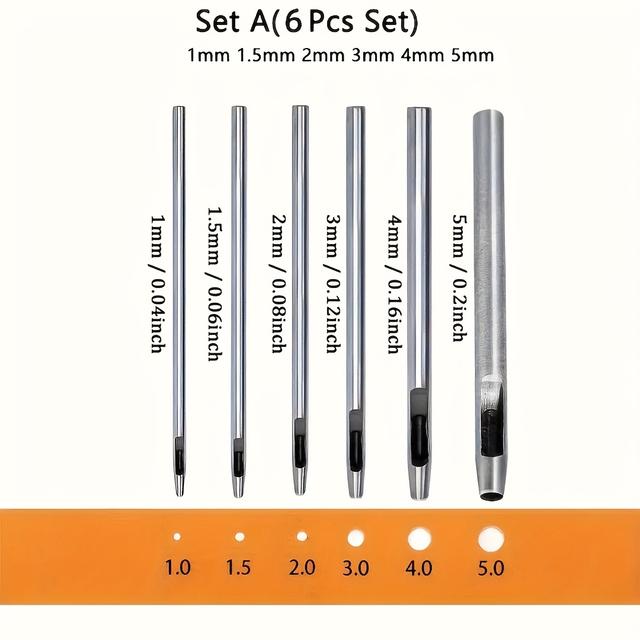 TEMU Set Of 6 Leather Punching Tools: Carbon Steel, , Polished Handles - Ideal For Punching Holes In Leather Straps, Belts, And Papers