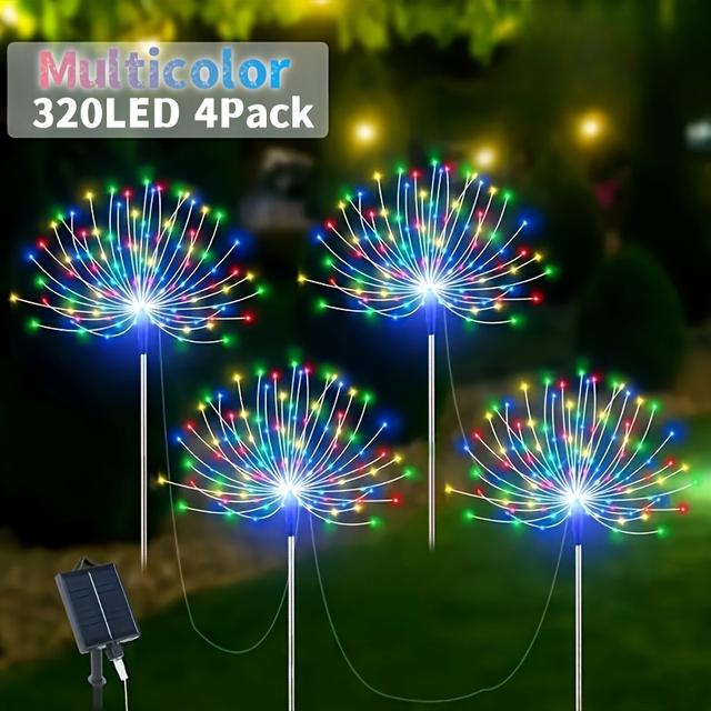 TEMU Fachoi 4-pack Solar Garden Lights With 320 Led Dimmable Firework Stake Lamps, Push Button Control, Waterproof, Brushed Metal Lampshade, Lithium Battery