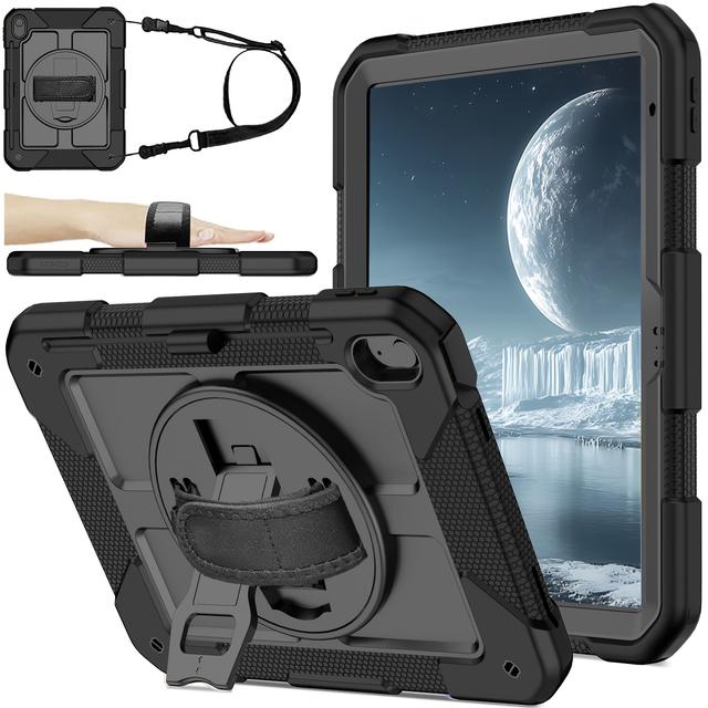 TEMU Case For Ipad (a16) 11th Generation 11" 2025 (model: A3355 A3356), 360 Rotating Stand & Pencil Holder & Hand & Shoulder Strap Shockproof Cover For Ipad 11th Generation Case, Black