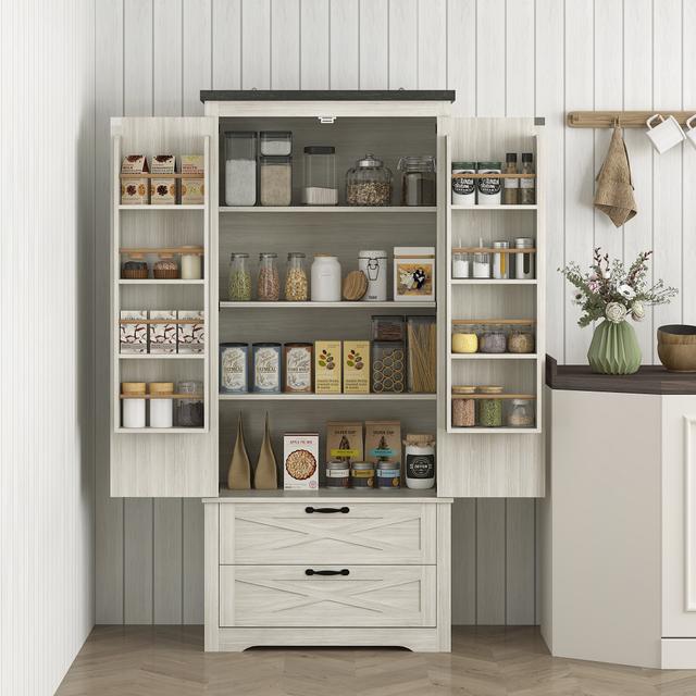 TEMU Homcom 64" White Kitchen Pantry Cabinet With Doors And Drawers, Rustic Style Hardwood Storage Cabinet, Freestanding Installation, Particle Board Construction, Kitchen Cabinets