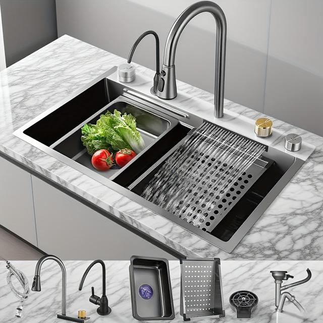 TEMU Fregadero de Cocina, Fregadero con 2 Grifos, Fregadero de Lluvia , Fregadero Doméstico Volador para Cocina, Bar, Comedor, Exterior (80 * 45cm)