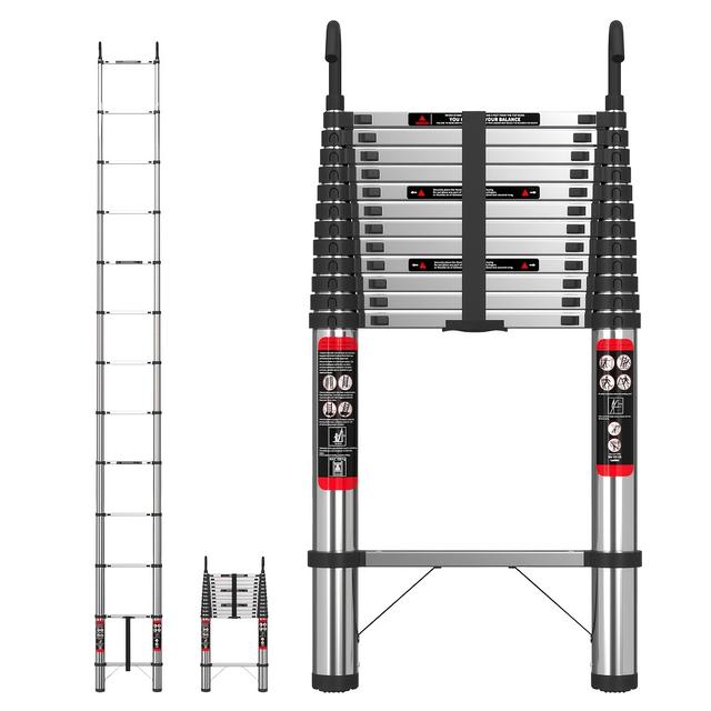 TEMU 16.5ft Stainless Steel Telescopic Ladder With Hooks - , Non-slip Feet & 2 Hooks, Foldable For , Loft, Single Straight,