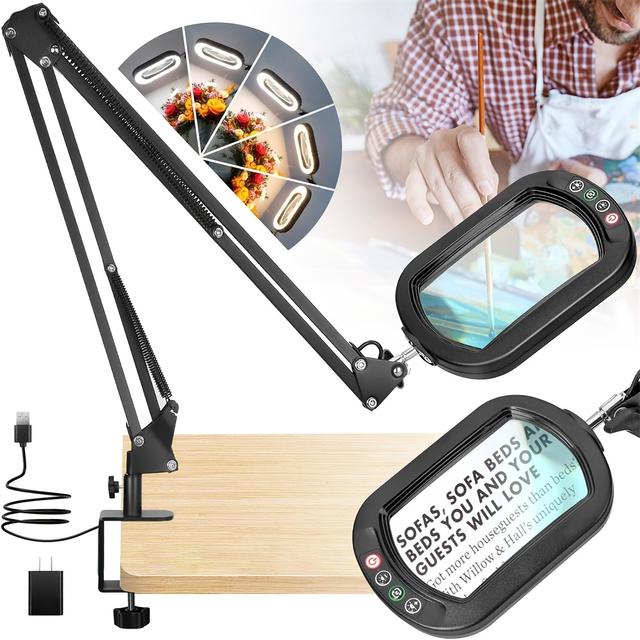 TEMU Loupe rectangulaire 10x avec lumière et clip | Lampe de bureau LED à bras pivotant de 2*16 pouces, 5 de couleur, , , alimentation USB - MAGNIEOPTI