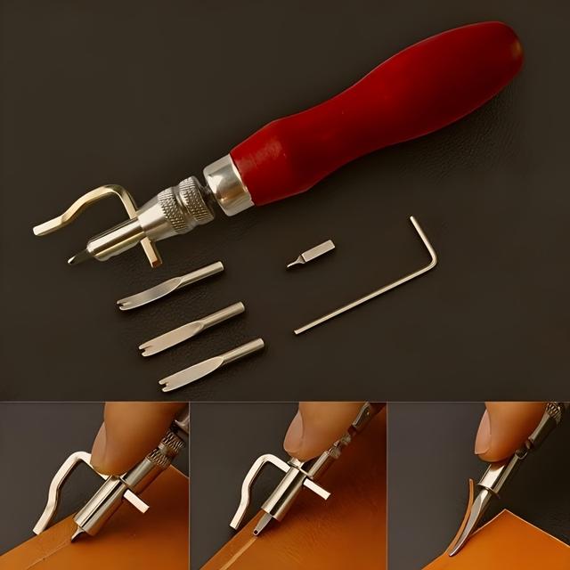 TEMU 1 Set Profesional 7 en 1 de Kit de Cabezales de Bordado y Biselado para Marroquinería, Herramientas Manuales de Metal Ajustables con Mango de Madera para Coser Cuero y de Bordes