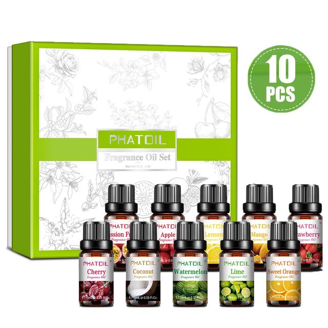 TEMU Phatoil Fruity Fragrance Essential Oil Set 10 X 10ml, Aromatic Oils Kit, Cherry, Mango, Coconut, Lemon, , , Watermelon, , Lime, Strawberry