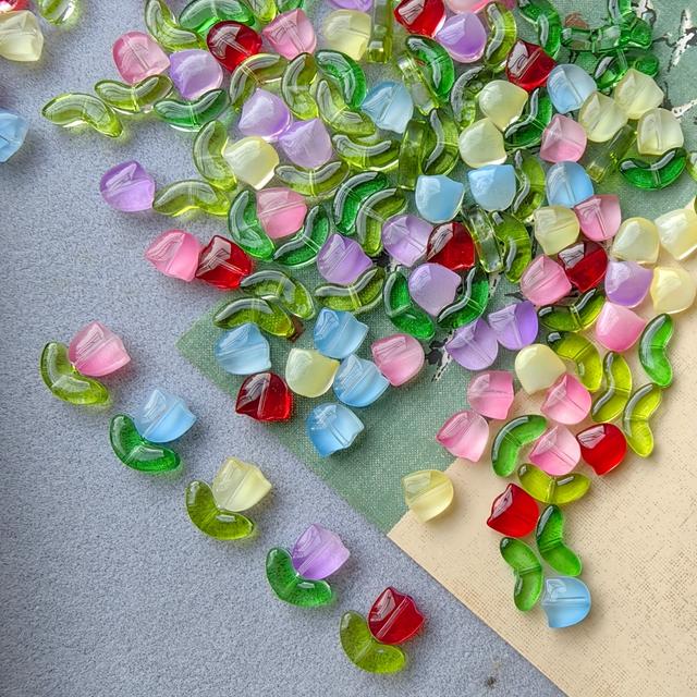 TEMU A Diy Bead Kit Containing 100 Glass Tulip Flowers And Leaves, Suitable For Making Bracelets, Necklaces, Earrings, Bag Charms, And Car Hangers.