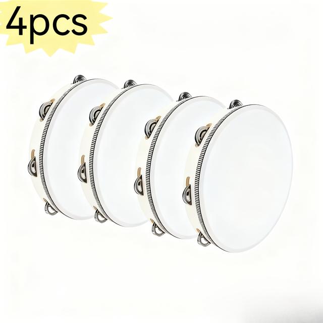 TEMU 4pcs 7-inch Wood Bell Drum Set Compatible For Wedding, Church, Party - Beige Durable Plastic Frame Drum Kit With Bells, Single-line Percussion Instrument For Ktv,, For Drums Accessory