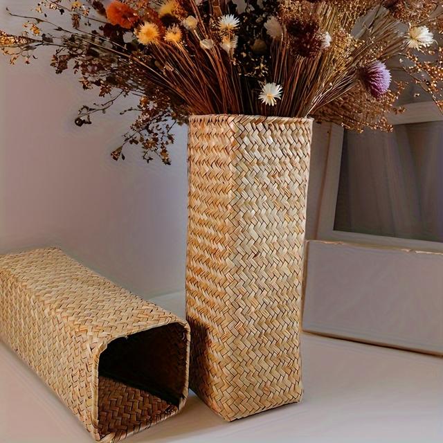 TEMU Elegant Woven Flower Basket With Artificial Pampas Grass - Decorative Vase For Living Room Display, Parties & Home Decor, Fabric Material, Party Decoration|elegant Vase Design|handcrafted Pottery