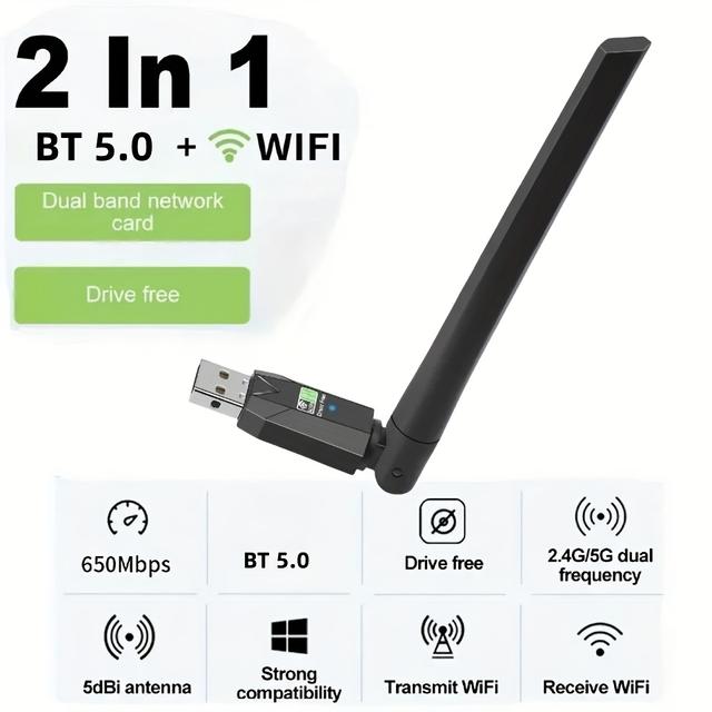 TEMU Usb Driver-free 650m Wireless Network Card Desktop Computer Dual-band Wireless Wifi Receiver Bt5.0 Adapter