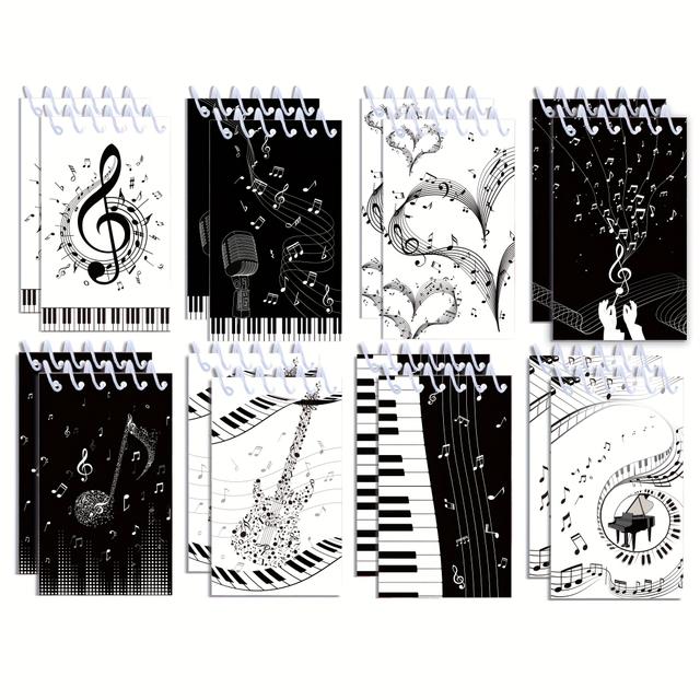 TEMU 16pcs Mini Spiral Memo Pads With Musical Notes & Piano Keys Design - Black & White Boho Style Pocket Notebooks For Music Lovers, Birthday Party Supplies, Or As Unique Gifts, Musical Theme Deco