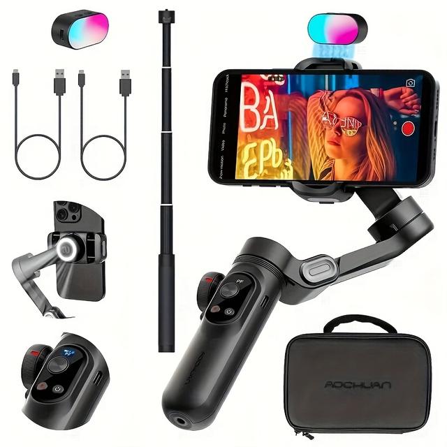 TEMU Aochuan Pro 3-axis Gimbal For Smartphones Combo Set With Ai , 7 Color Rgb Fill Light, Oled Display, Extendable Pole, Ai , 360-degree Rotation, Low Light Shooting, Foldable, Portable, Long
