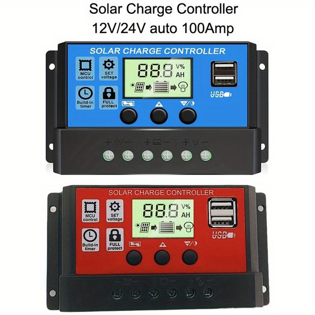 TEMU 2pcs 60a 100a 12v/24v Solar Charge Controller Pwm Solar Panel Controller With Adjustable Lcd Display Dual Usb Port Timer Setting Pwm Auto Compatible With Sealed, Gel, Flooded