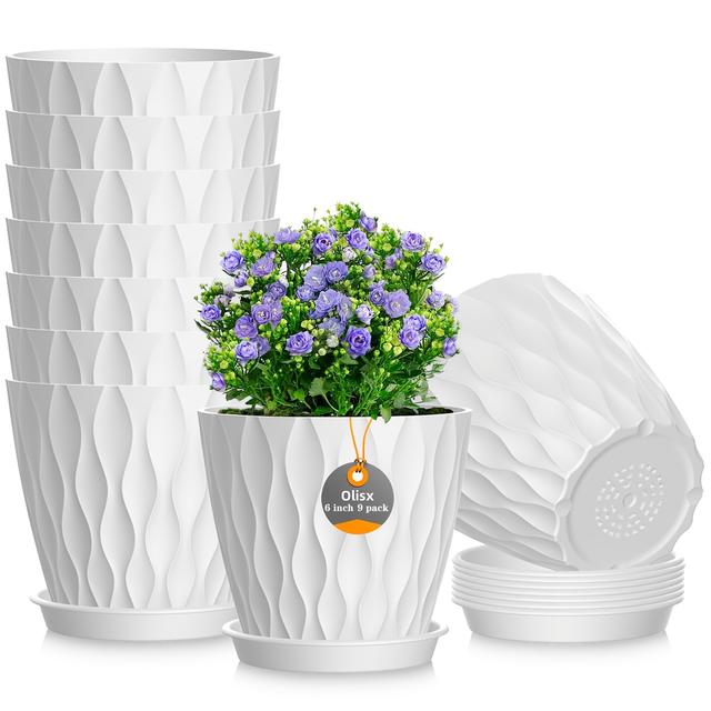 TEMU Juego de 9 piezas Olisx, 6 pulgadas (15.2 cm) con bandeja y agujeros de drenaje, adecuado para macetas de jardinería y decoración floral.