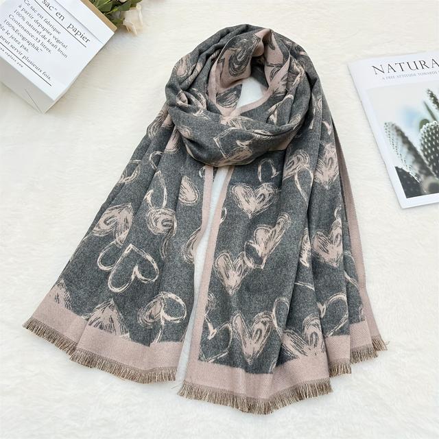TEMU 100% Cashmere Heart Pattern Scarf For Women - Mature Style, Tie-dye Design, Non-elastic, Yarn-dyed, Decorative Warm Windproof Shawl For Autumn Travel And Photo Shoots