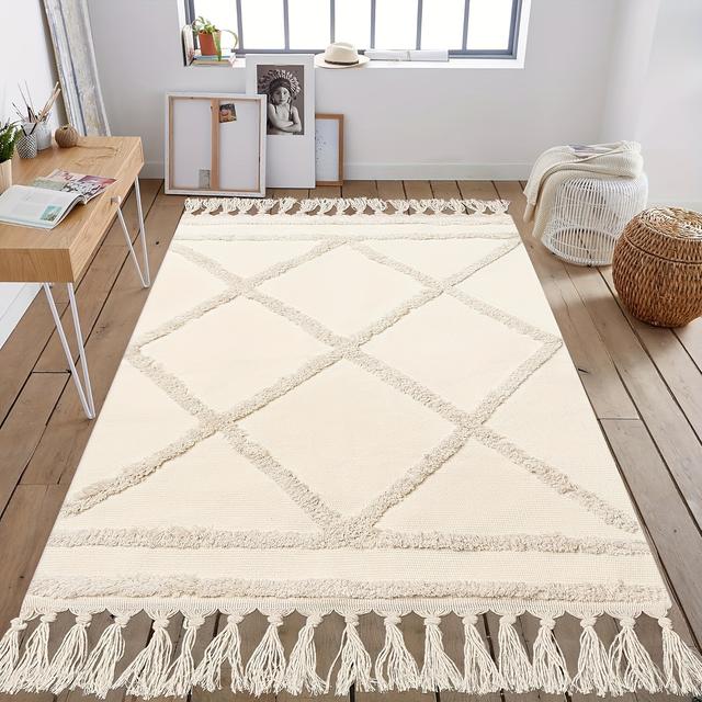TEMU Großer böhmischer Beige Teppich für das Wohnzimmer, Flurläufer mit Quasten, waschbare Teppiche geeignet für Schlafzimmer, Wohnzimmer, Küche und Esszimmer