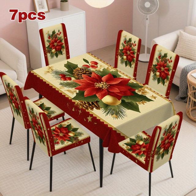 TEMU 4/6/7pcs Christmas Poinsettia Chair Cover And Tablecloth Set | Removable Washable, Suitable For Christmas Decorations, , Reusable, Party Table Setting, Holiday Table Decor