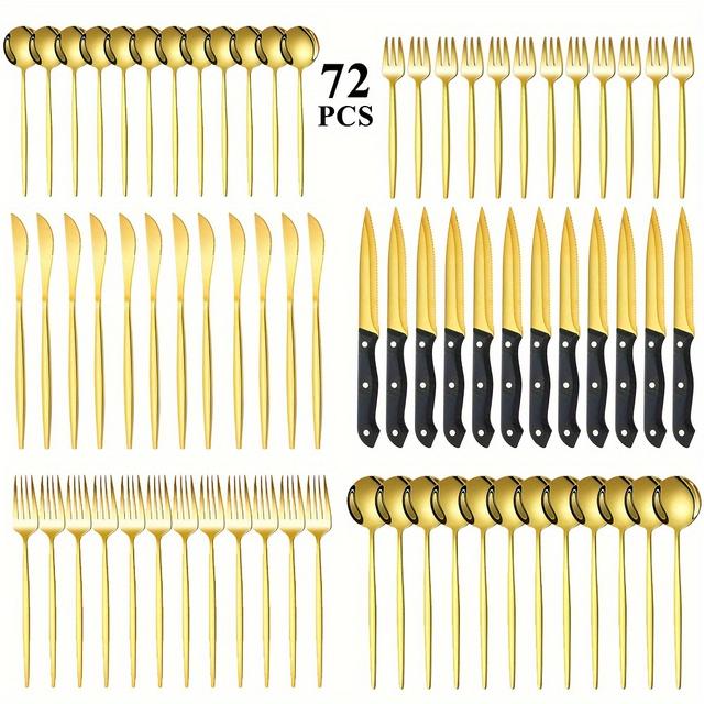 TEMU Deluxe Golden Stainless Steel Cutlery Set With 72/48/24pcs, Featuring Western Steak Knives, Forks, And Spoons. This Flatware Set Is Designed For 12 People And Comes In A End