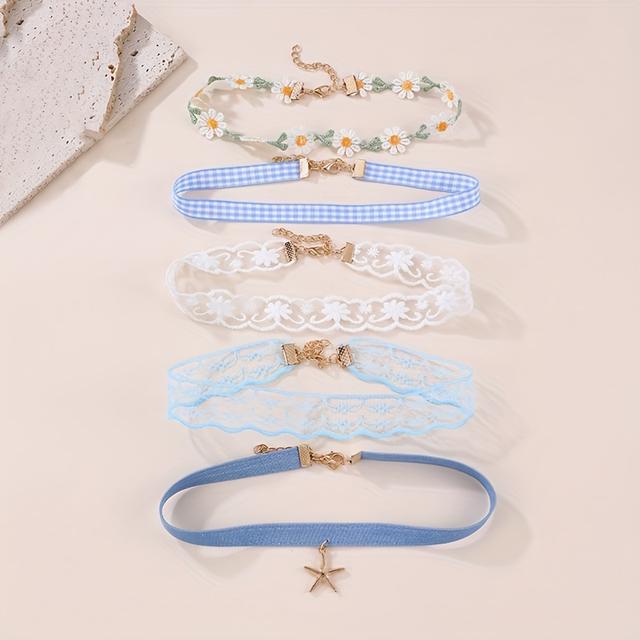 TEMU 5pcs/set Sweet And Elegant Women's Fashionable Choker Lace Flower Necklace Vacation Photo Accessory
