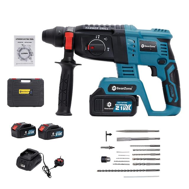 TEMU 1-1/4 Inch Cordless Rotary Brushless Hammer For Concrete With Safety Clutch 3 Functions & Toolbox, 2pcs Battery Included, Drill Bits Included Blue