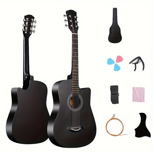 TEMU Kit per principianti di chitarra acustica da 38 pollici, pannello in legno di con finitura opaca, 18 tasti, in ABS, custodia, plettri, corde e tracolla
