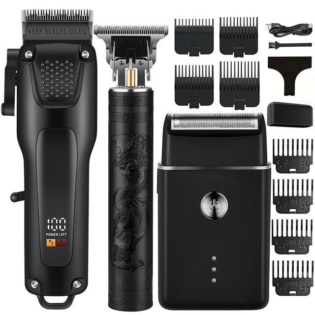 TEMU 3pcs Men's Professional Hair & Beard Grooming Kit - Cordless Clippers With Led Display, Precision Trimmer Set, Usb Rechargeable, For Home, Gift