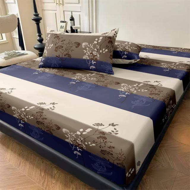TEMU 3pcs Leaf Pattern Bed Sheet Fitted Sheet Bedding - Comfortable And Soft, Anti-pilling, Includes Mattress Protector And Pillowcases (2), No Filling, Suitable For All , Home, Hotel, , Unisex