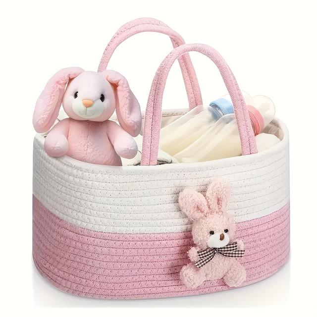 TEMU 1 Stück Niedlicher Häschen-Windelkorb, Geschenkkorb, Windeltasche für Babyzimmer, Feuchttücher- und Spielzeugorganizer aus Polyester